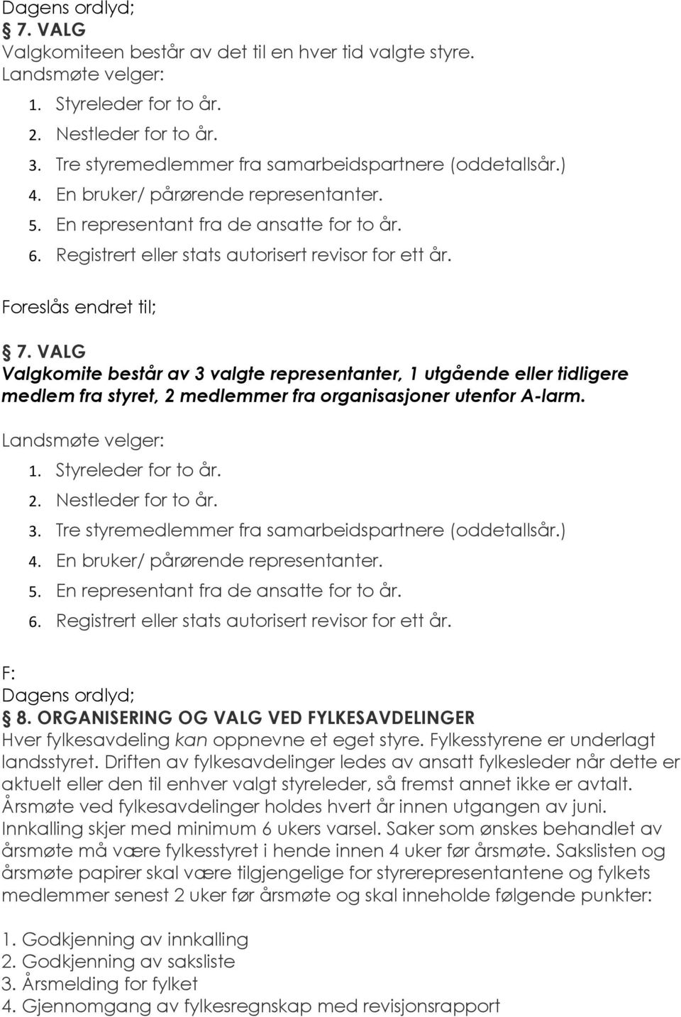 Foreslås endret til; 7. VALG Valgkomite består av 3 valgte representanter, 1 utgående eller tidligere medlem fra styret, 2 medlemmer fra organisasjoner utenfor A-larm. Landsmøte velger: 1.