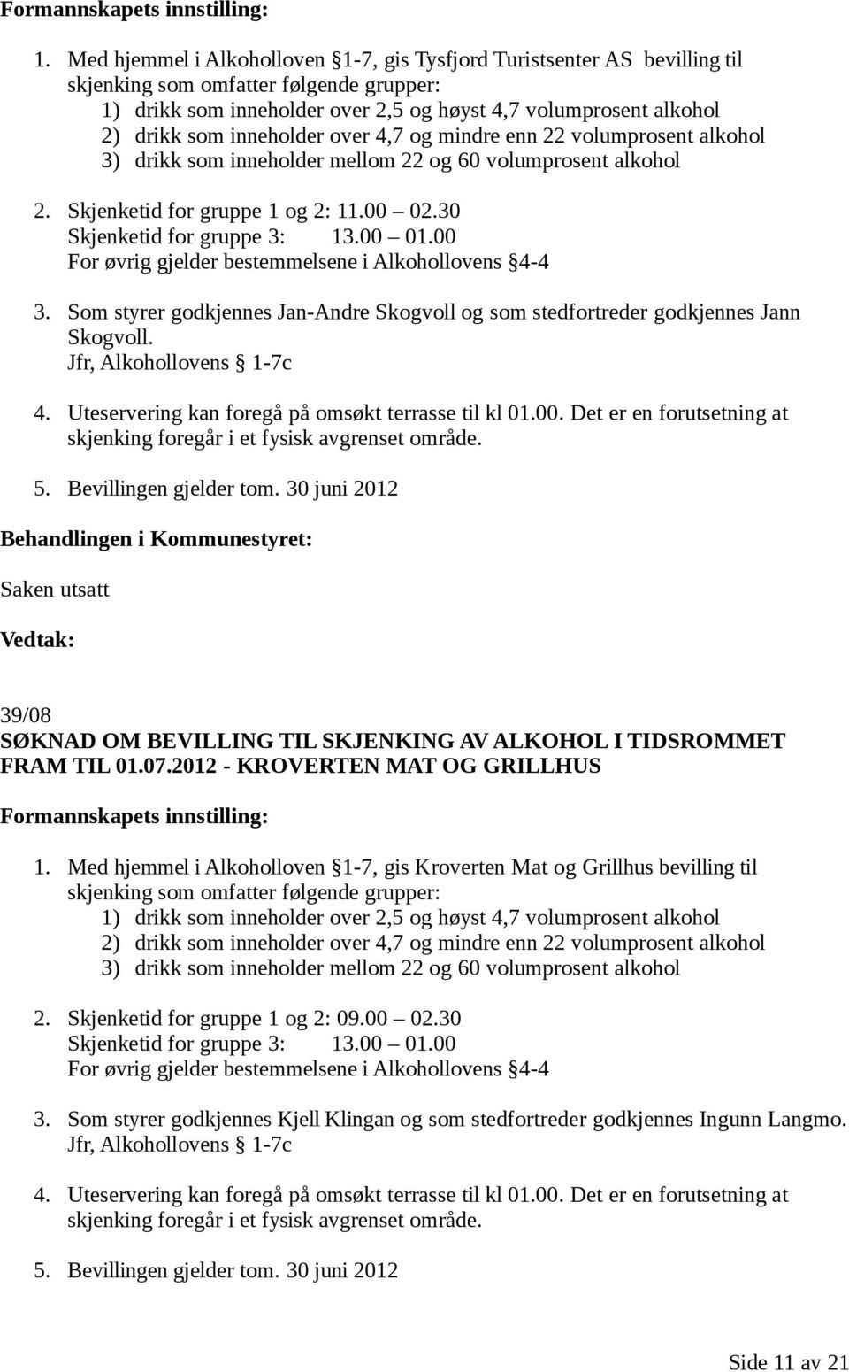 00 For øvrig gjelder bestemmelsene i Alkohollovens 4-4 3. Som styrer godkjennes Jan-Andre Skogvoll og som stedfortreder godkjennes Jann Skogvoll. Jfr, Alkohollovens 1-7c 4.