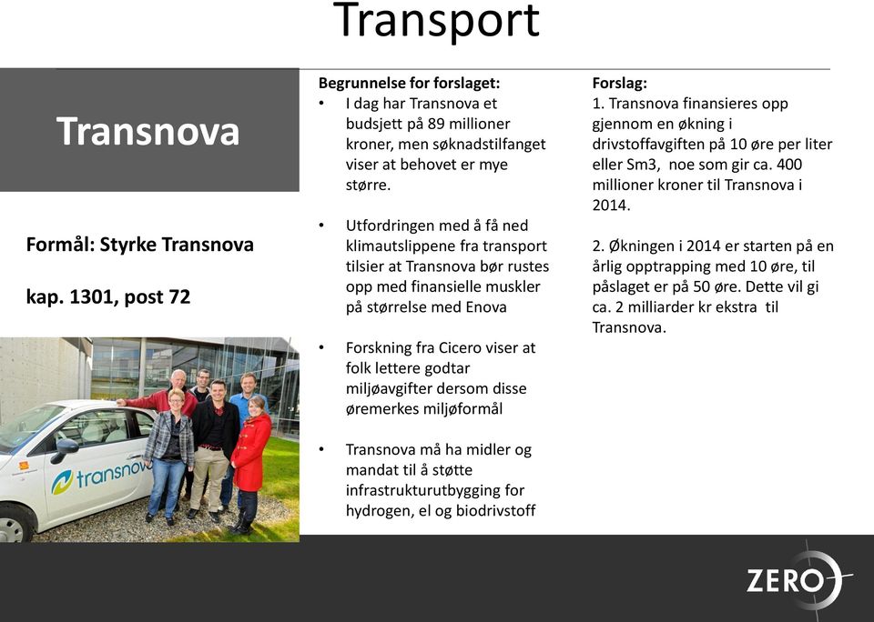 miljøavgifter dersom disse øremerkes miljøformål Transnova må ha midler og mandat til å støtte infrastrukturutbygging for hydrogen, el og biodrivstoff 1.