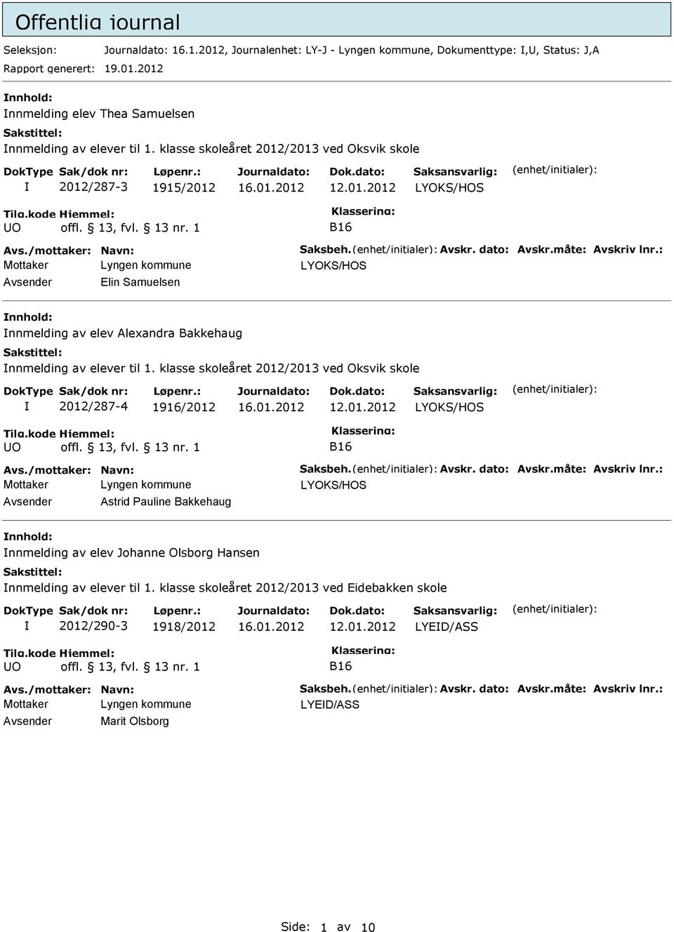 klasse skoleåret 2012/2013 ved Oksvik skole 2012/287-4 1916/2012 Avsender Astrid Pauline Bakkehaug nnhold: nnmelding av elev Johanne Olsborg Hansen nnmelding av