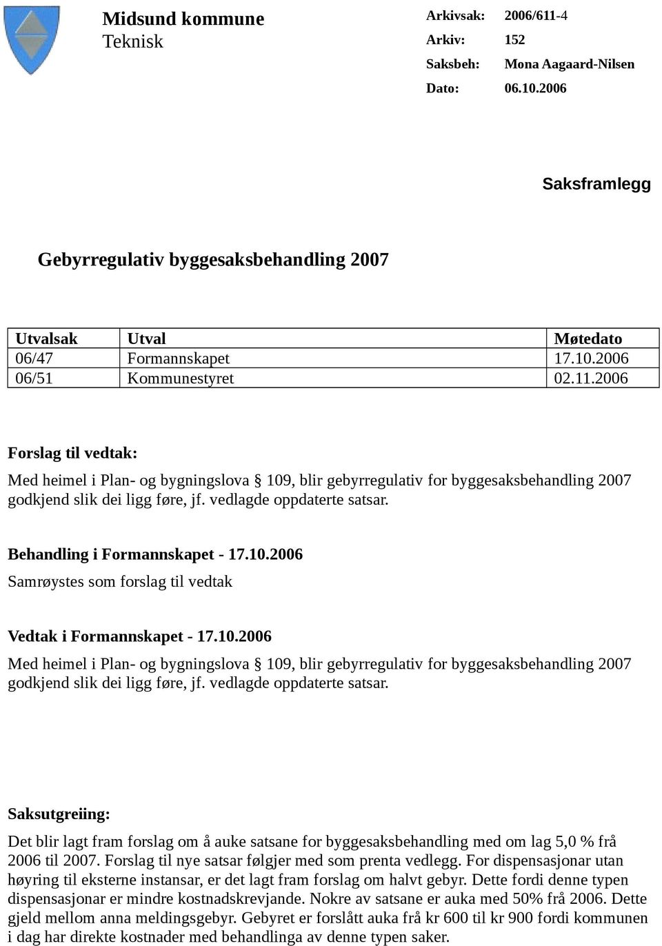 2006 Forslag til vedtak: Med heimel i Plan- og bygningslova 109, blir gebyrregulativ for byggesaksbehandling 2007 godkjend slik dei ligg føre, jf. vedlagde oppdaterte satsar.