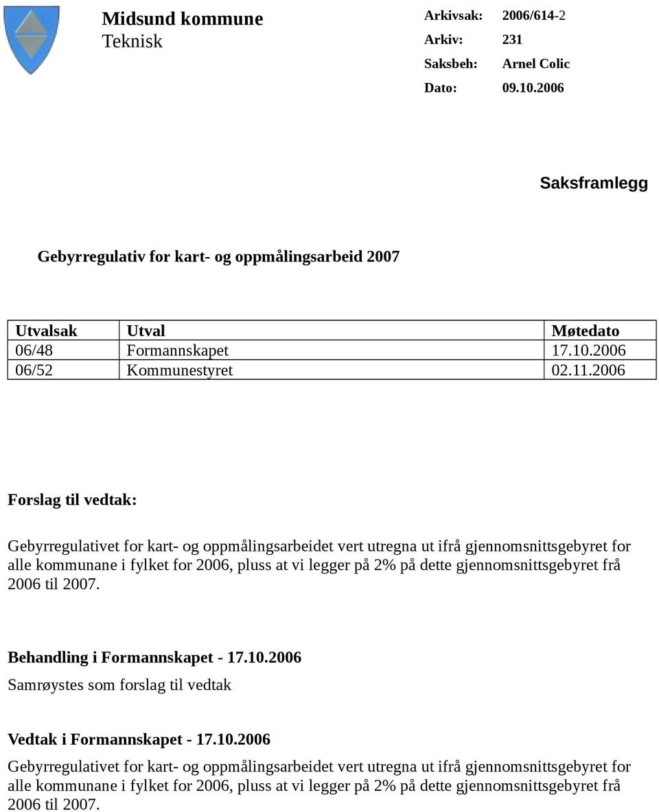 2006 Forslag til vedtak: Gebyrregulativet for kart- og oppmålingsarbeidet vert utregna ut ifrå gjennomsnittsgebyret for alle kommunane i fylket for 2006, pluss at vi legger på 2% på dette