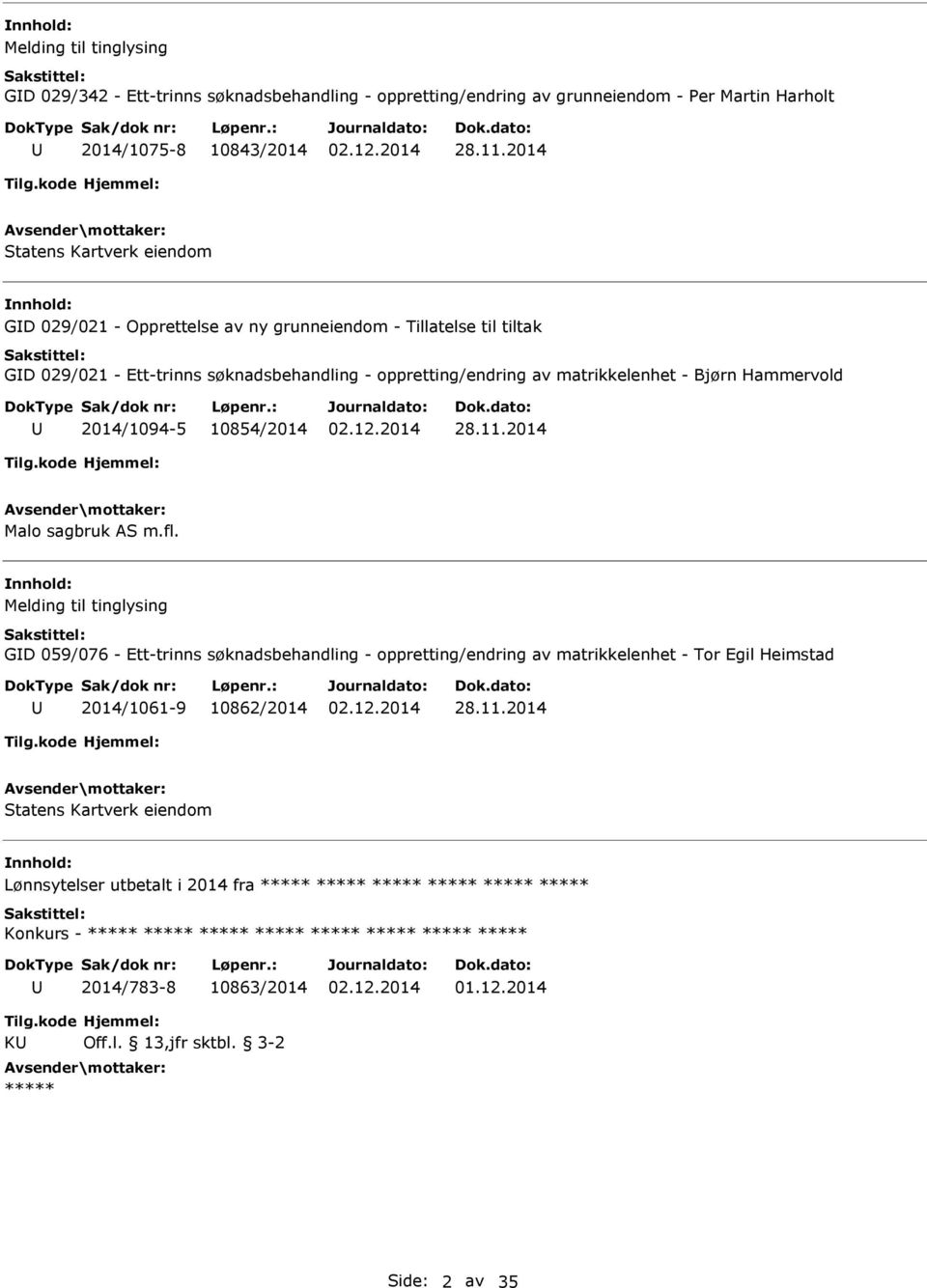 matrikkelenhet - Bjørn Hammervold 2014/1094-5 10854/2014 28.11.2014 Malo sagbruk AS m.fl.