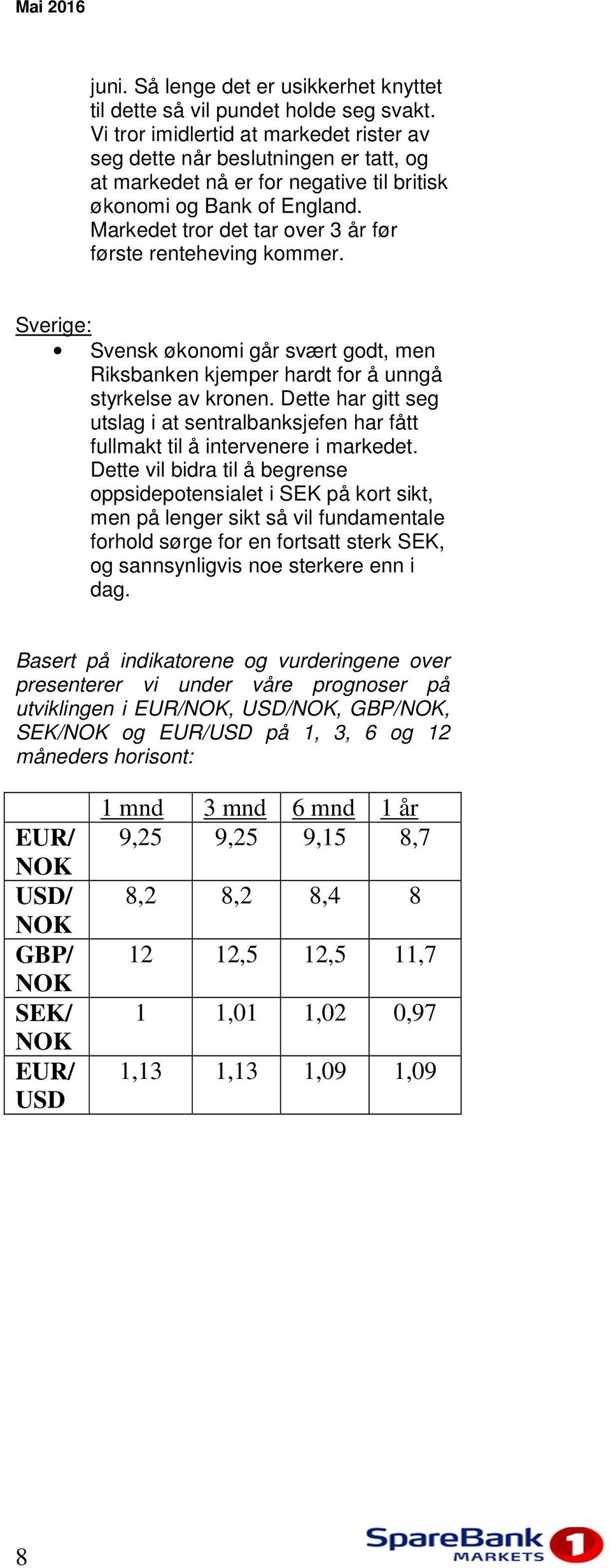 Markedet tror det tar over 3 år før første renteheving kommer. Sverige: Svensk økonomi går svært godt, men Riksbanken kjemper hardt for å unngå styrkelse av kronen.