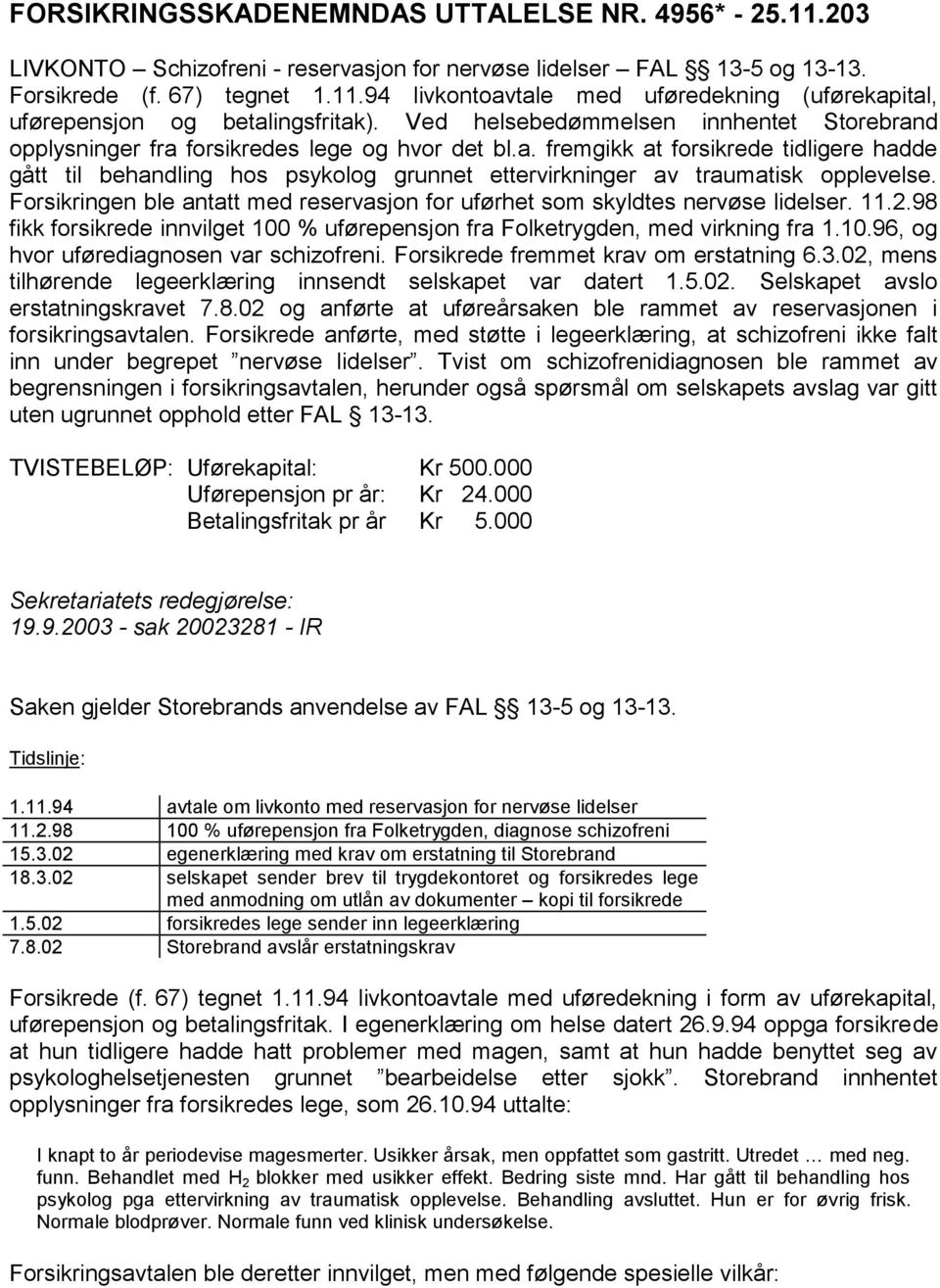 Forsikringen ble antatt med reservasjon for uførhet som skyldtes nervøse lidelser. 11.2.98 fikk forsikrede innvilget 100 % uførepensjon fra Folketrygden, med virkning fra 1.10.96, og hvor uførediagnosen var schizofreni.