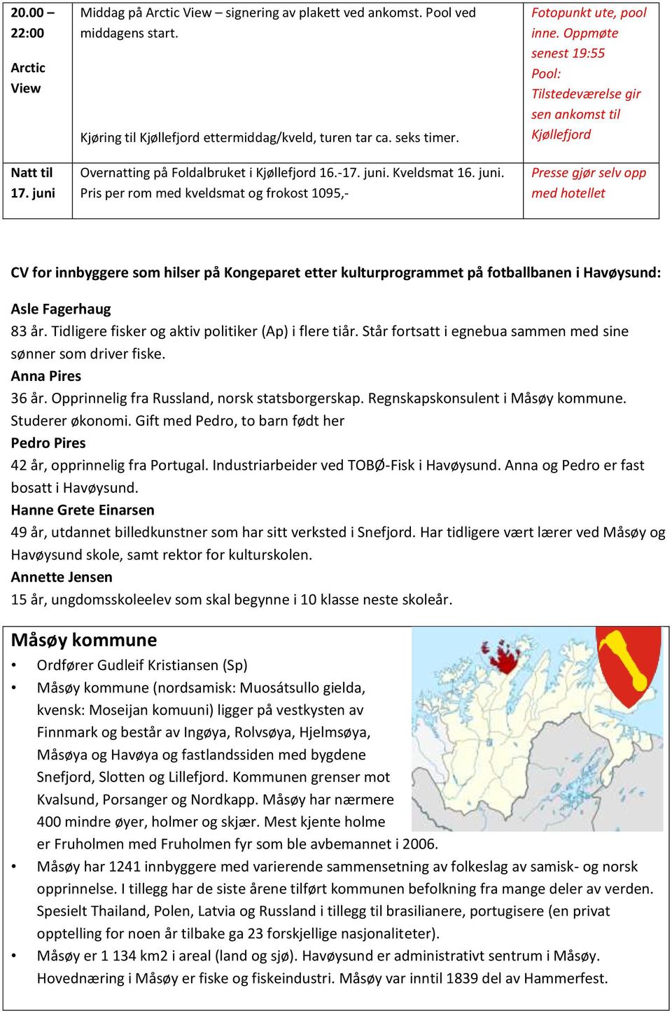 Oppmøte senest 19:55 Pool: Tilstedeværelse gir sen ankomst til Kjøllefjord Presse gjør selv opp med hotellet CV for innbyggere som hilser på Kongeparet etter kulturprogrammet på fotballbanen i