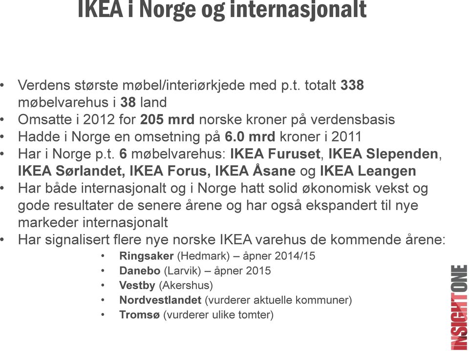 6 møbelvarehus: IKEA Furuset, IKEA Slependen, IKEA Sørlandet, IKEA Forus, IKEA Åsane og IKEA Leangen Har både internasjonalt og i Norge hatt solid økonomisk vekst og gode