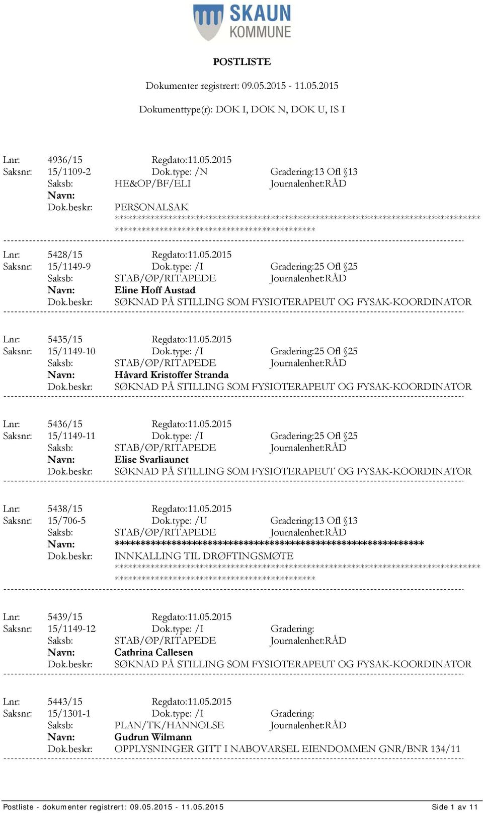 type: /I Gradering:25 Ofl 25 Håvard Kristoffer Stranda SØKNAD PÅ STILLING SOM FYSIOTERAPEUT OG FYSAK-KOORDINATOR Lnr: 5436/15 Regdato:11.05.2015 Saksnr: 15/1149-11 Dok.