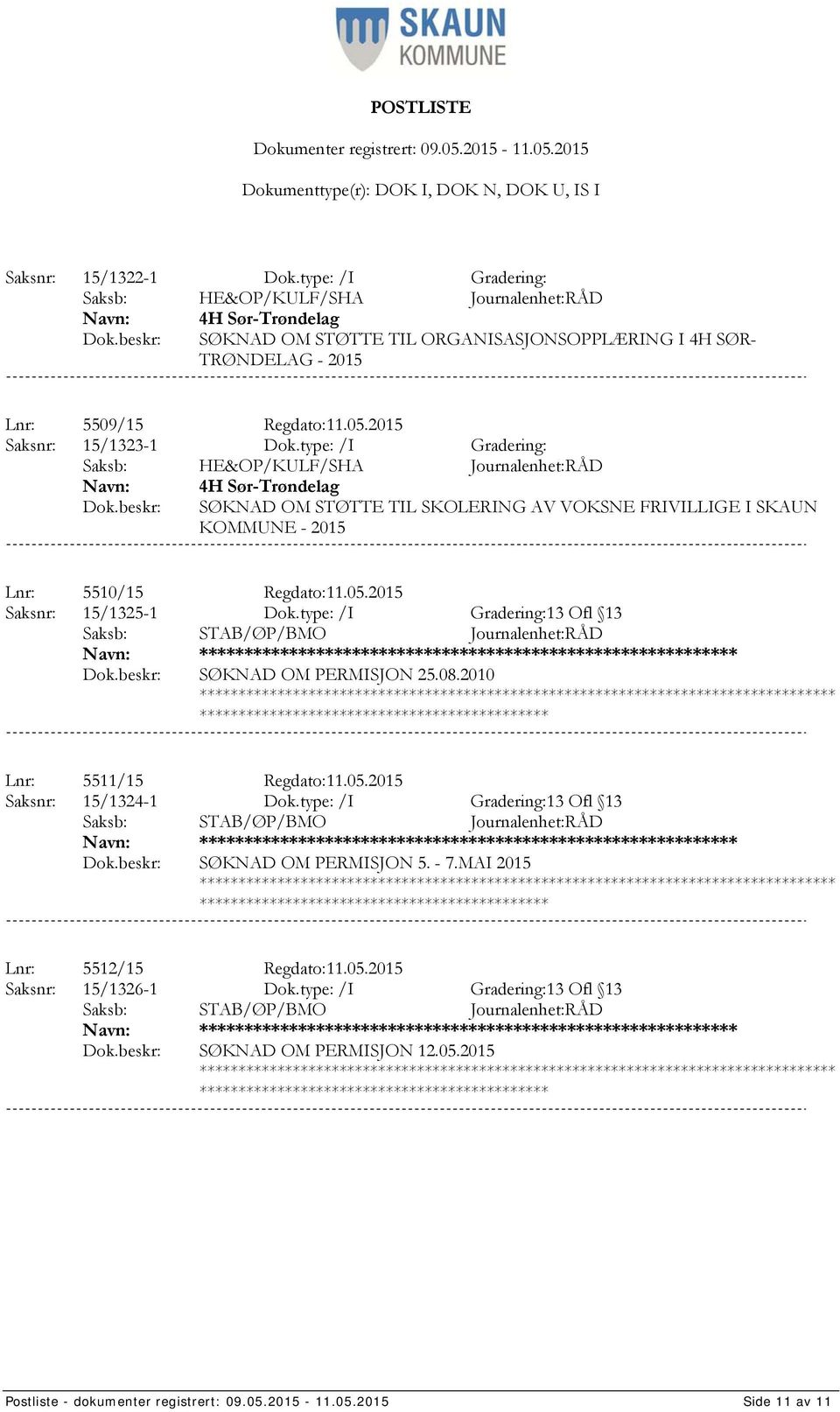 type: /I Gradering:13 Ofl 13 *************** SØKNAD OM PERMISJON 25.08.2010 Lnr: 5511/15 Regdato:11.05.2015 Saksnr: 15/1324-1 Dok.