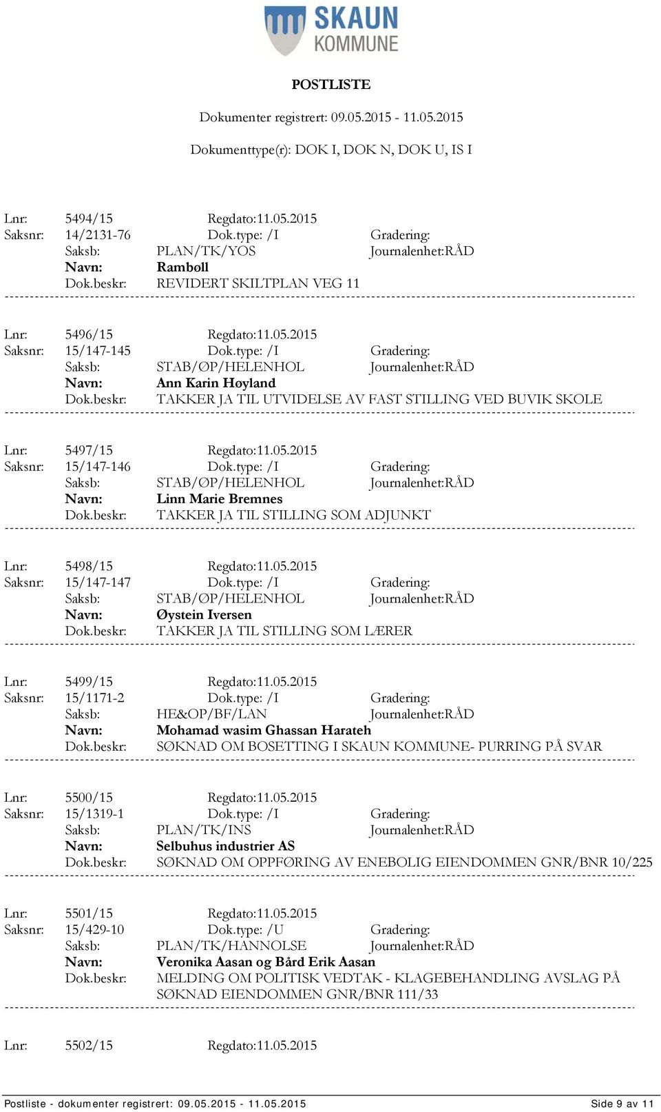 type: /I Gradering: Linn Marie Bremnes TAKKER JA TIL STILLING SOM ADJUNKT Lnr: 5498/15 Regdato:11.05.2015 Saksnr: 15/147-147 Dok.