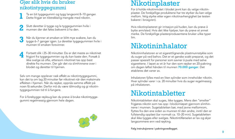 La deretter tyggegummien hvile i munnen til smaken forsvinner. Fortsett slik i 25 30 minutter. Da er det meste av nikotinet frigjort fra tyggegummien og du kan kaste den.