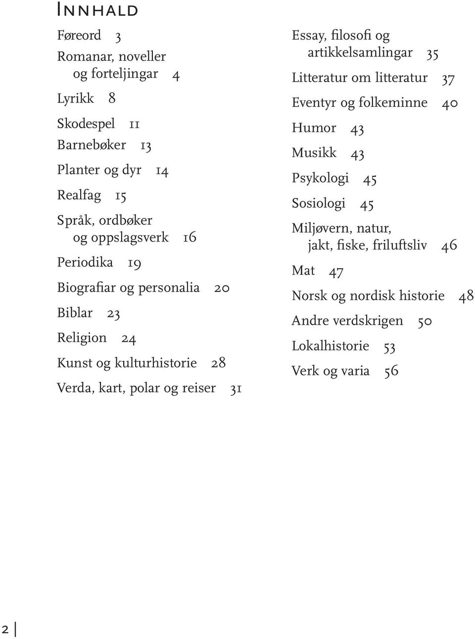 Essay, filosofi og artikkelsamlingar 35 Litteratur om litteratur 37 Eventyr og folkeminne 40 Humor 43 Musikk 43 Psykologi 45 Sosiologi 45