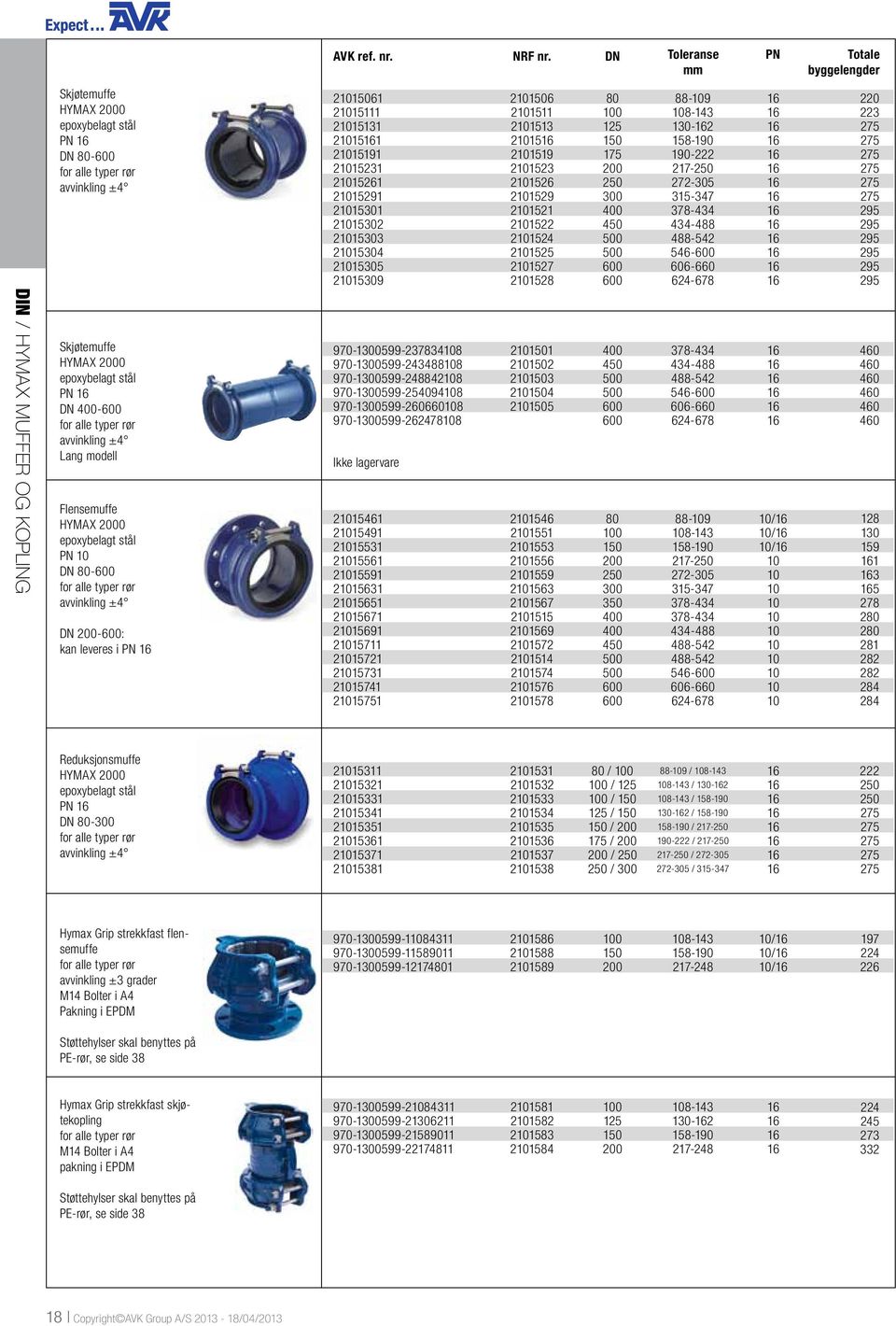 rør avvinkling ±4 Lang modell Flensemuffe HYMAX 2000 epoxybelagt stål PN 10 DN 80-600 for alle typer rør avvinkling ±4 DN 200-600: kan leveres i 21015061 2101506 80 88-109 16 21015111 2101511 100