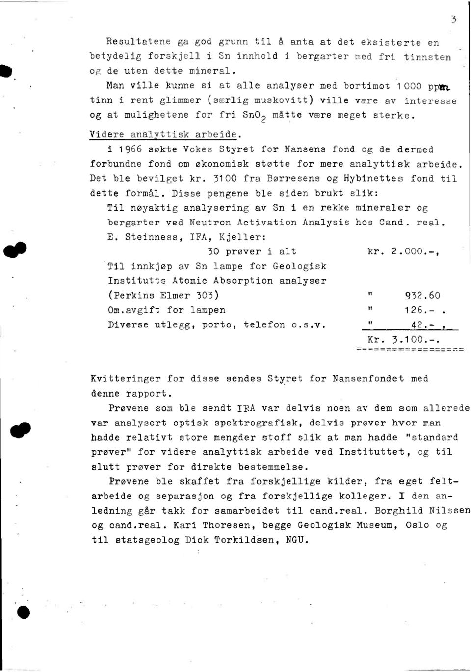 Videre analyttisk arbeide. i 1966 søkte Vokes Styret for Nansens fond og de dermed forbundne fond om økonomisk støtte for mere analyttisk arbeide. Det ble bevilget kr.