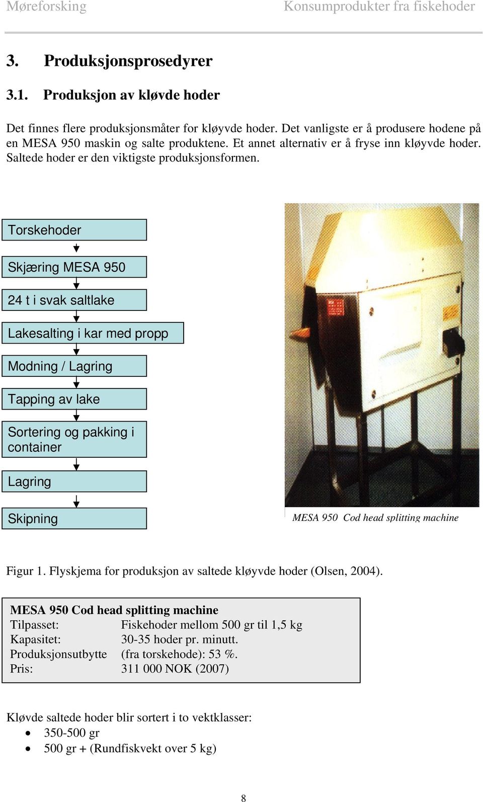 Torskehoder Skjæring MESA 95 24 t i svak saltlake Lakesalting i kar med propp Modning / Lagring Tapping av lake Sortering og pakking i container Lagring Skipning MESA 95 MESA 95 Cod head splitting