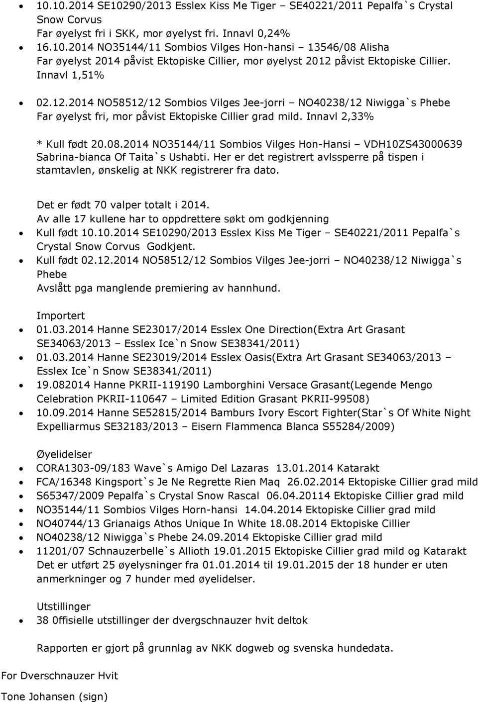 2014 NO35144/11 Sombios Vilges Hon-Hansi VDH10ZS43000639 Sabrina-bianca Of Taita`s Ushabti. Her er det registrert avlssperre på tispen i stamtavlen, ønskelig at NKK registrerer fra dato.