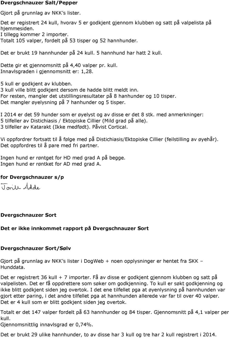 5 kull er godkjent av klubben. 3 kull ville blitt godkjent dersom de hadde blitt meldt inn. For resten, mangler det utstillingsresultater på 8 hanhunder og 10 tisper.