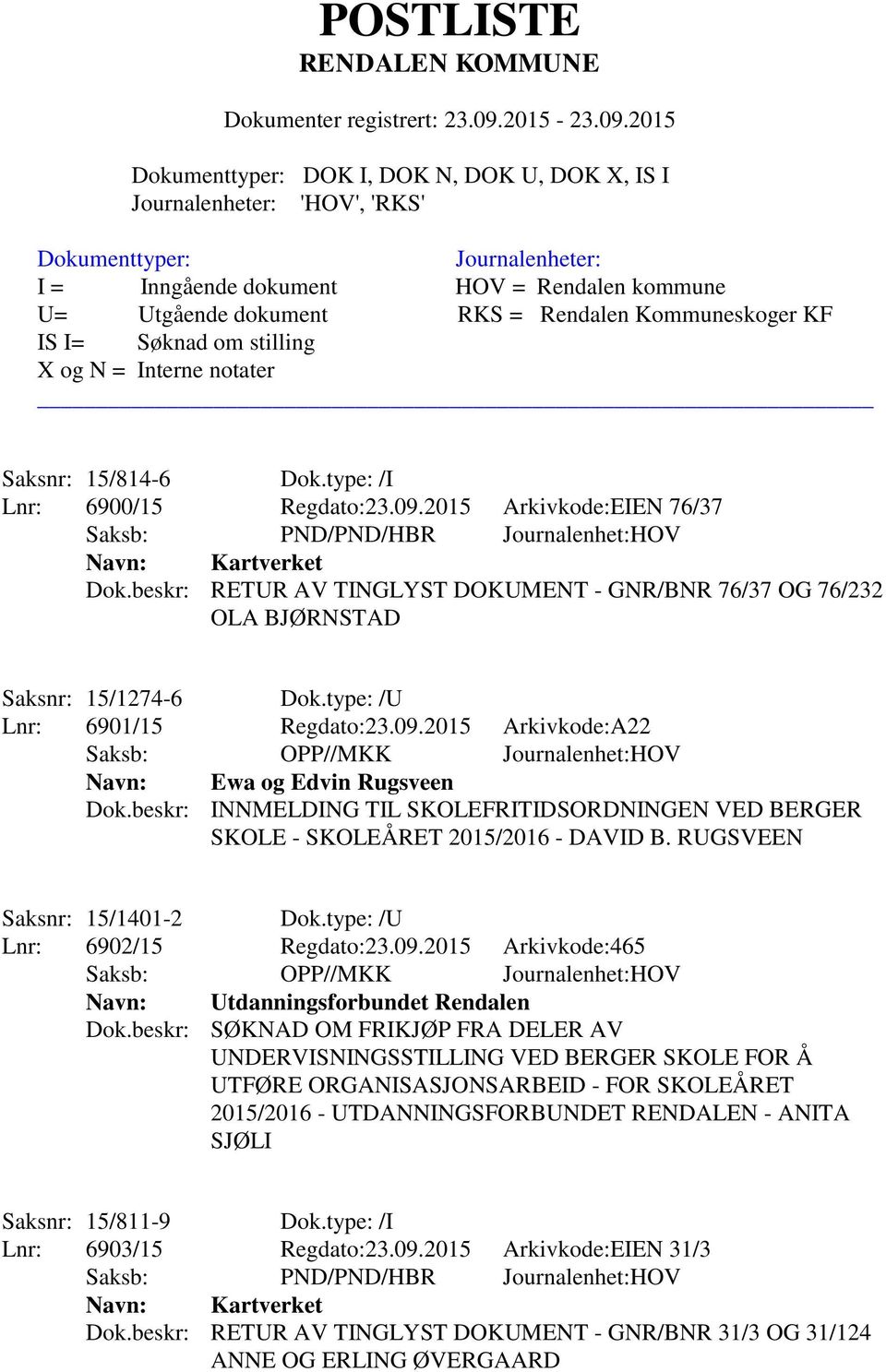 beskr: INNMELDING TIL SKOLEFRITIDSORDNINGEN VED BERGER SKOLE - SKOLEÅRET 2015/2016 - DAVID B. RUGSVEEN Saksnr: 15/1401-2 Dok.type: /U Lnr: 6902/15 Regdato:23.09.