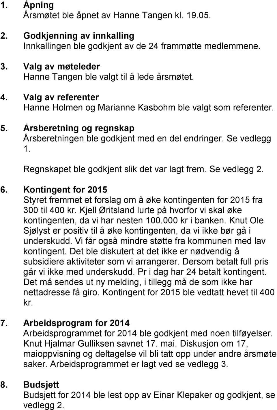 Årsberetning og regnskap Årsberetningen ble godkjent med en del endringer. Se vedlegg 1. Regnskapet ble godkjent slik det var lagt frem. Se vedlegg 2. 6.