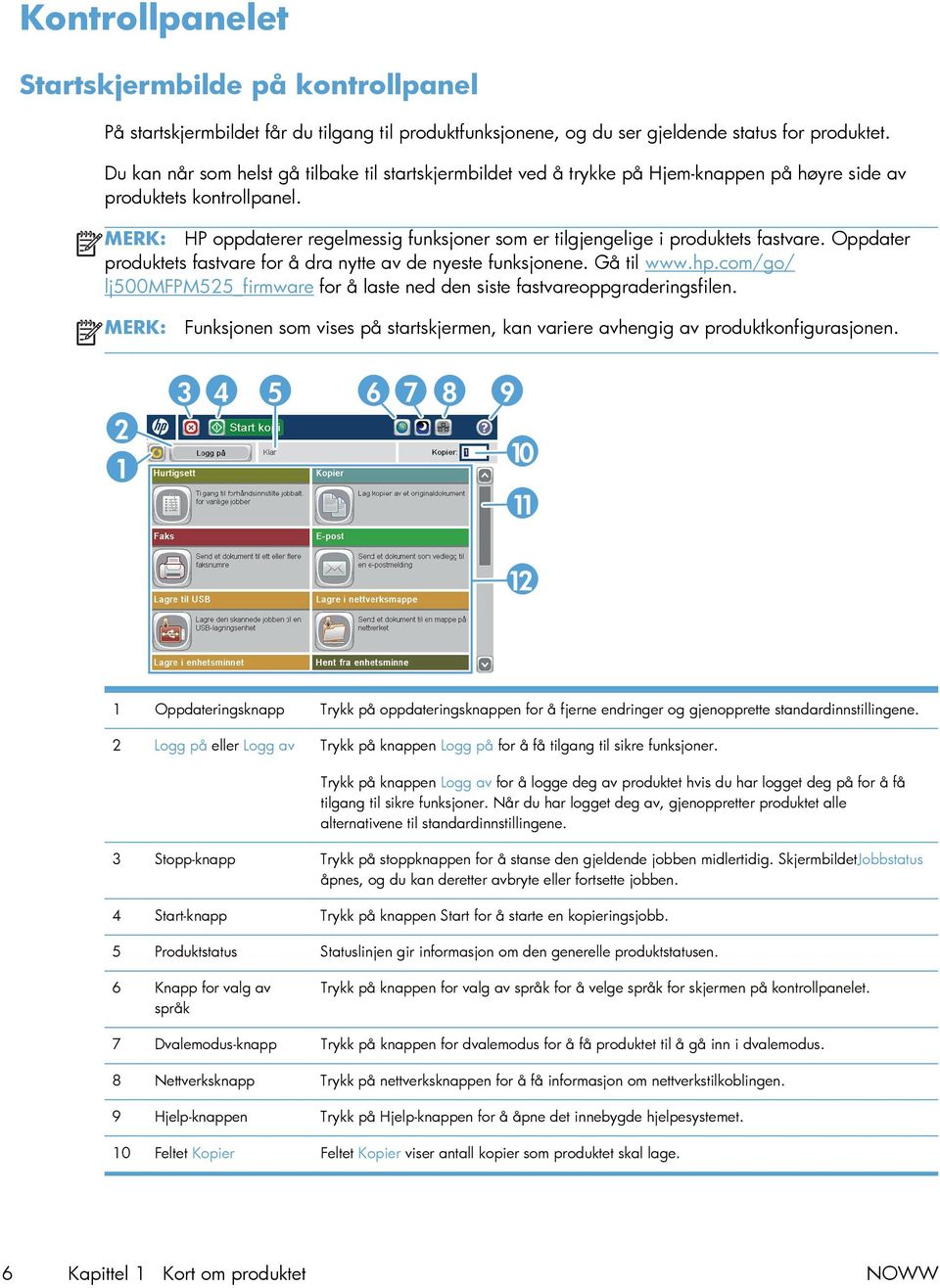 MERK: HP oppdaterer regelmessig funksjoner som er tilgjengelige i produktets fastvare. Oppdater produktets fastvare for å dra nytte av de nyeste funksjonene. Gå til www.hp.