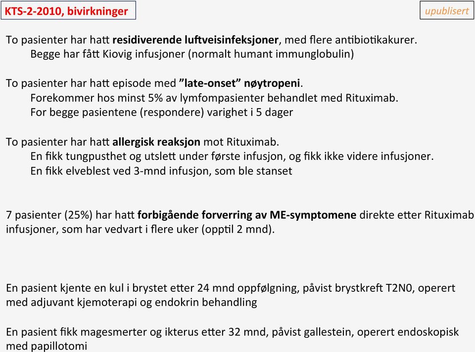 For begge pasientene (respondere) varighet i 5 dager To pasienter har han allergisk reaksjon mot Rituximab. En fikk tungpusthet og utslen under første infusjon, og fikk ikke videre infusjoner.