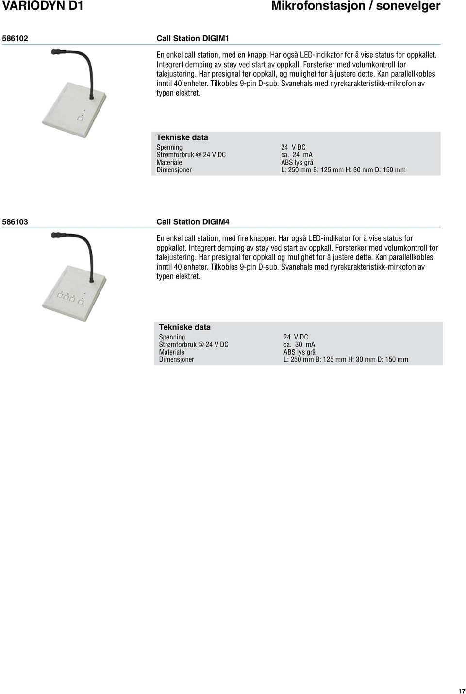 Svanehals med nyrekarakteristikk-mikrofon av typen elektret. Spenning Strømforbruk @ 24 V DC Materiale 24 V DC ca.