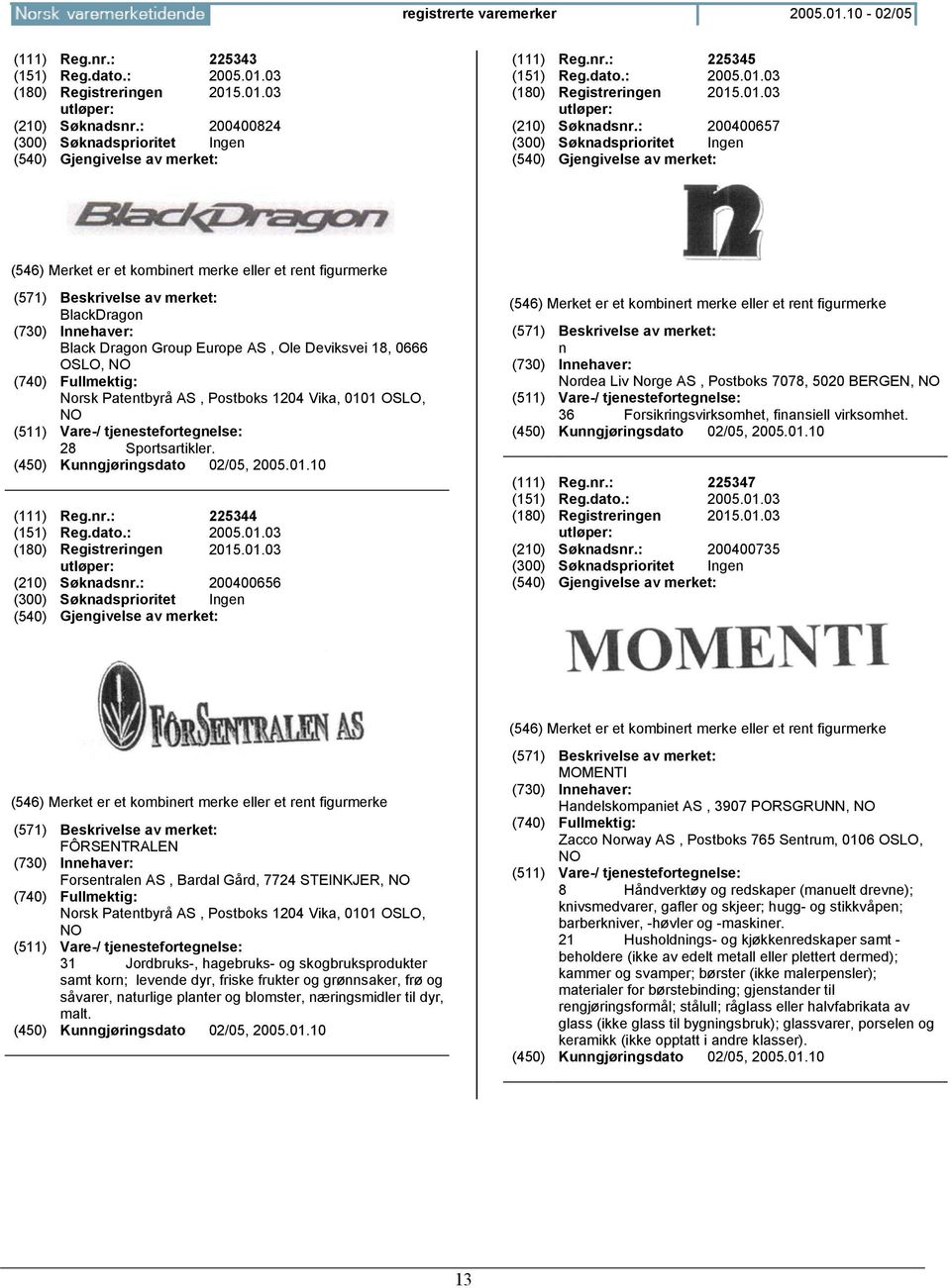 : 200400656 n Nordea Liv Norge AS, Postboks 7078, 5020 BERGEN, 36 Forsikringsvirksomhet, finansiell virksomhet. (111) Reg.nr.: 225347 (210) Søknadsnr.