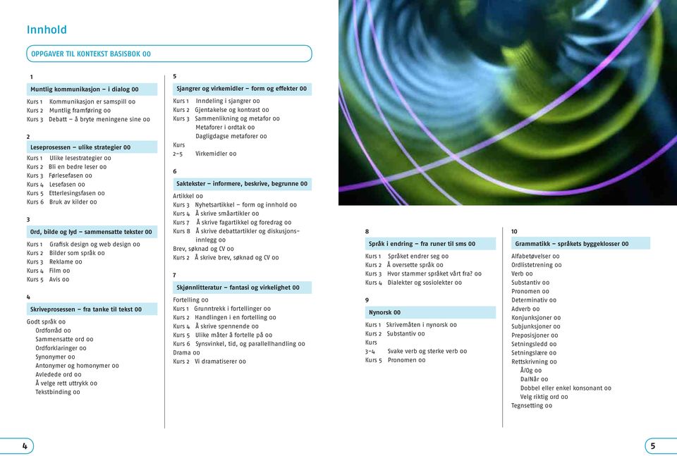 Kurs 6 Bruk av kilder 00 3 Ord, bilde og lyd sammensatte tekster 00 Kurs 1 Grafisk design og web design 00 Kurs 2 Bilder som språk 00 Kurs 3 Reklame 00 Kurs 4 Film 00 Kurs 5 Avis 00 4 Skriveprosessen