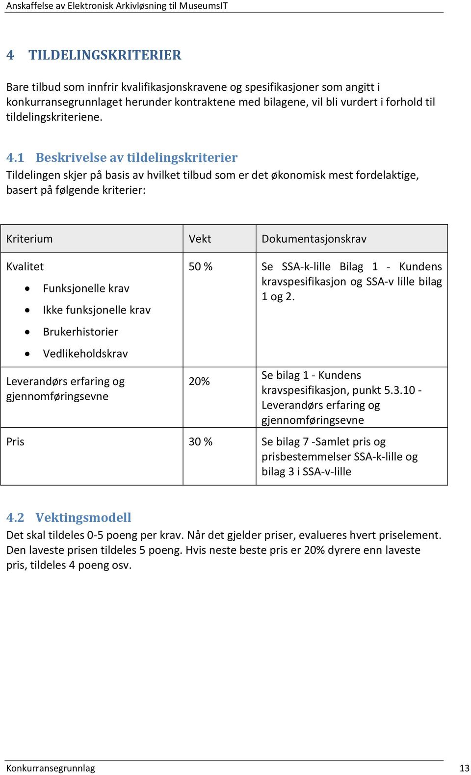 1 Beskrivelse av tildelingskriterier Tildelingen skjer på basis av hvilket tilbud som er det økonomisk mest fordelaktige, basert på følgende kriterier: Kriterium Vekt Dokumentasjonskrav Kvalitet