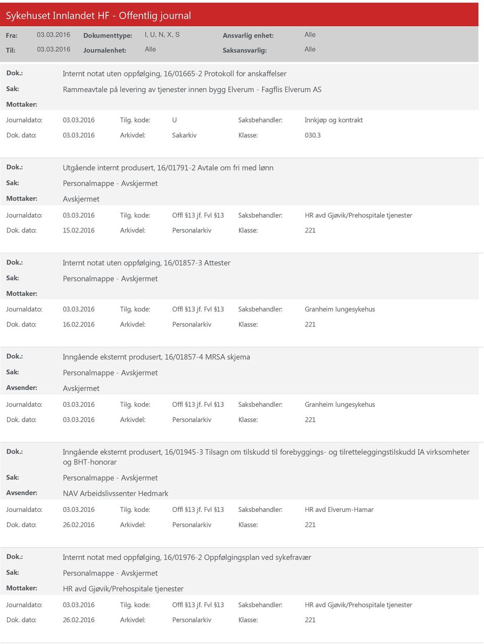 2016 Arkivdel: Personalarkiv Internt notat uten oppfølging, 16/01857-3 Attester Granheim lungesykehus Dok. dato: 16.02.