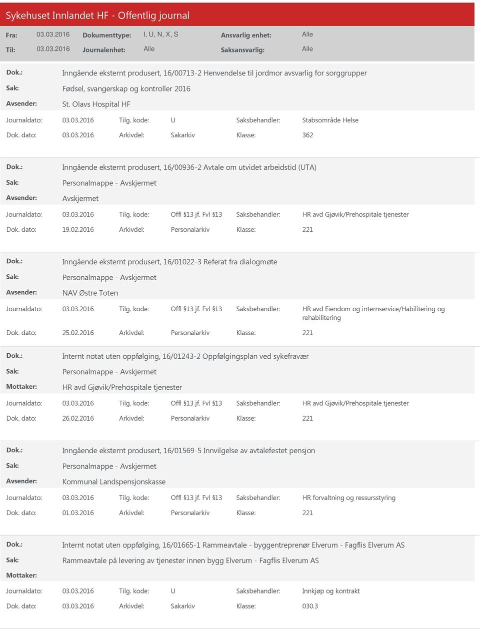 2016 Arkivdel: Personalarkiv Inngående eksternt produsert, 16/01022-3 Referat fra dialogmøte NAV Østre Toten HR avd Eiendom og internservice/habilitering og rehabilitering Dok. dato: 25.02.2016 Arkivdel: Personalarkiv Internt notat uten oppfølging, 16/01243-2 Oppfølgingsplan ved sykefravær Dok.