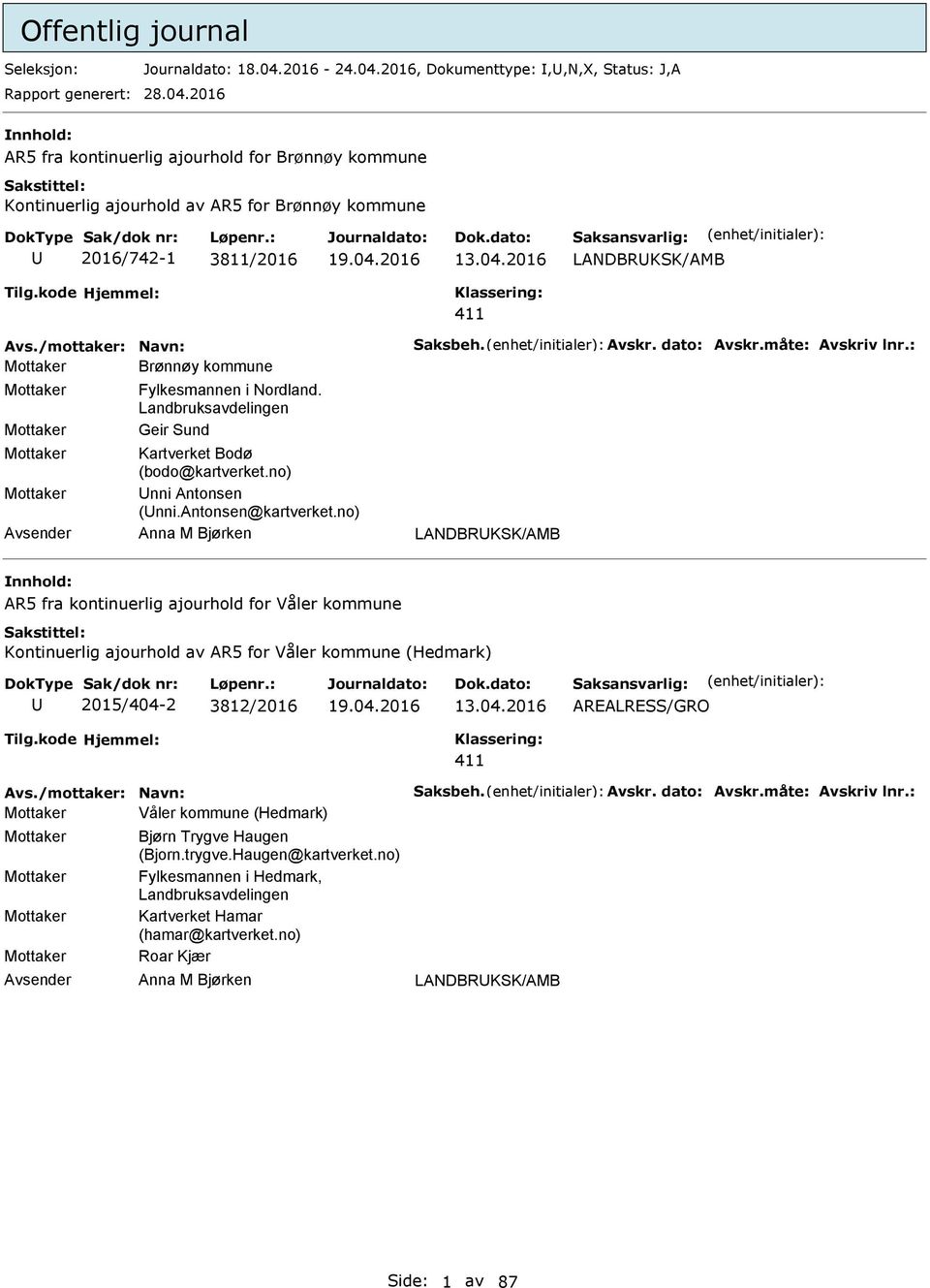 antonsen@kartverket.no) Anna M Bjørken LDBRKSK/AMB AR5 fra kontinuerlig ajourhold for Våler kommune Kontinuerlig ajourhold av AR5 for Våler kommune (Hedmark) 2015/404-