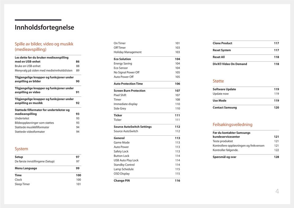 Støttede filformater for undertekster og medieavspilling 93 Undertekst 93 Bildeoppløsninger som støttes 93 Støttede musikkfilformater 94 Støttede videoformater 94 System Setup 97 De første