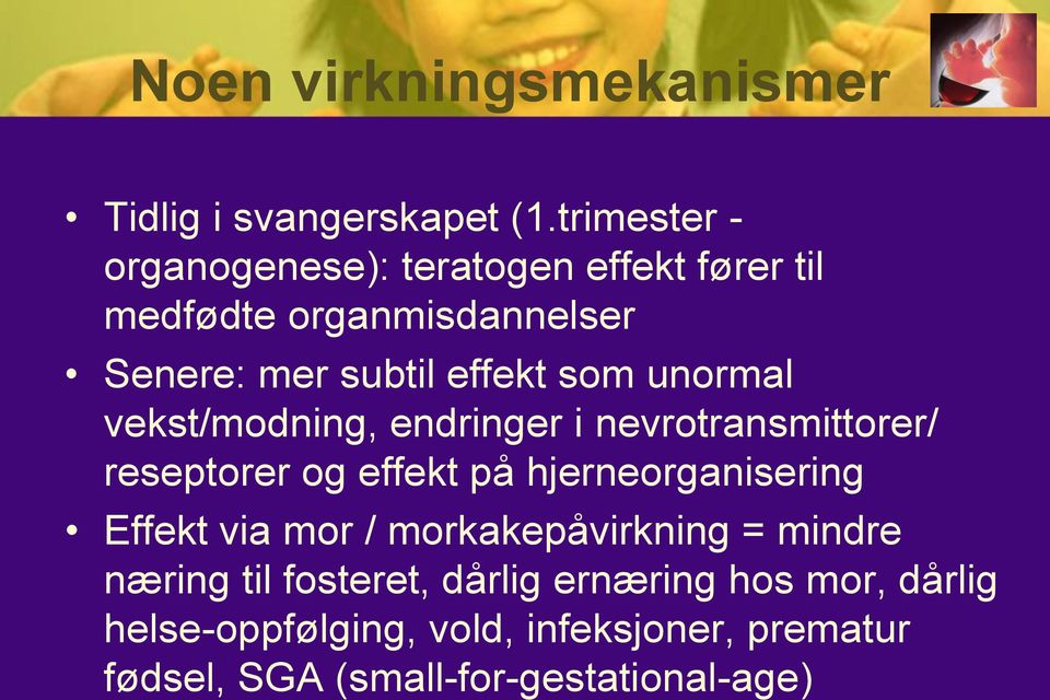 unormal vekst/modning, endringer i nevrotransmittorer/ reseptorer og effekt på hjerneorganisering Effekt via