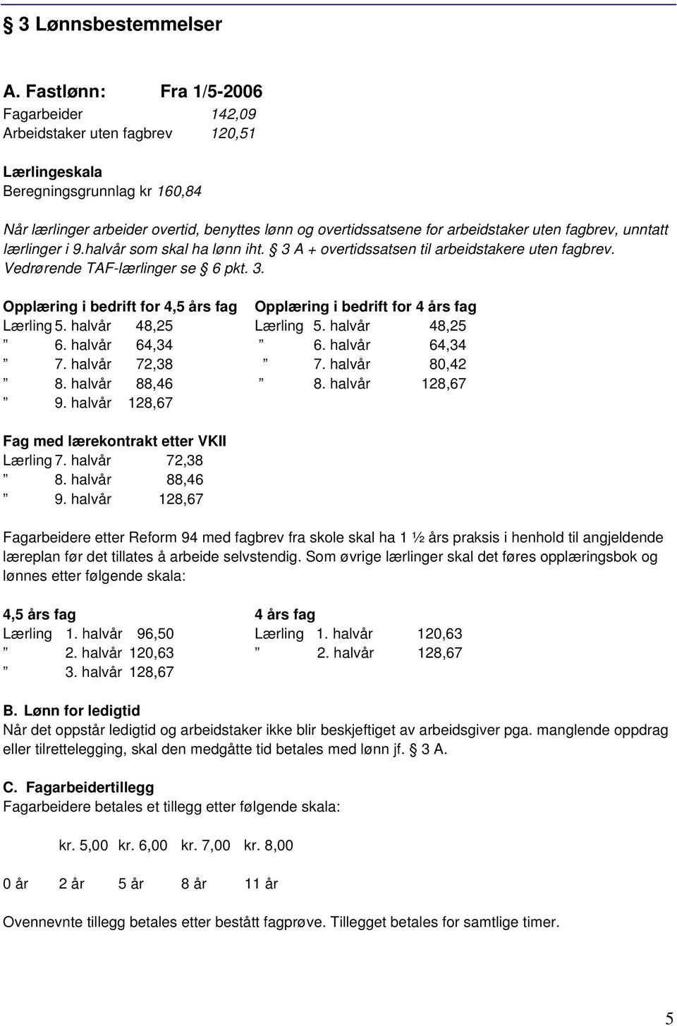 uten fagbrev, unntatt lærlinger i 9.halvår som skal ha lønn iht. 3 A + overtidssatsen til arbeidstakere uten fagbrev. Vedrørende TAF-lærlinger se 6 pkt. 3. Opplæring i bedrift for 4,5 års fag Opplæring i bedrift for 4 års fag Lærling 5.