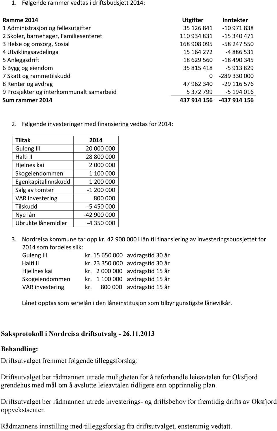 330 000 8 Renter og avdrag 47 962 340-29 116 576 9 Prosjekter og interkommunalt samarbeid 5 372 799-5 194 016 Sum rammer 2014 437 914 156-437 914 156 2.