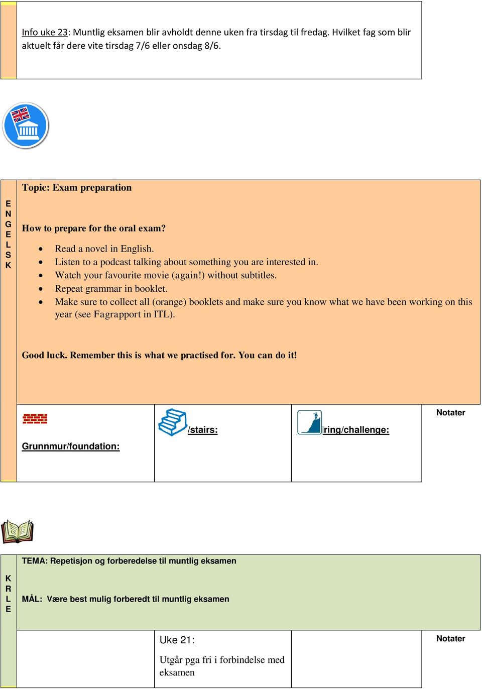 ) without subtitles. Repeat grammar in booklet. Make sure to collect all (orange) booklets and make sure you know what we have been working on this year (see Fagrapport in ITL). Good luck.