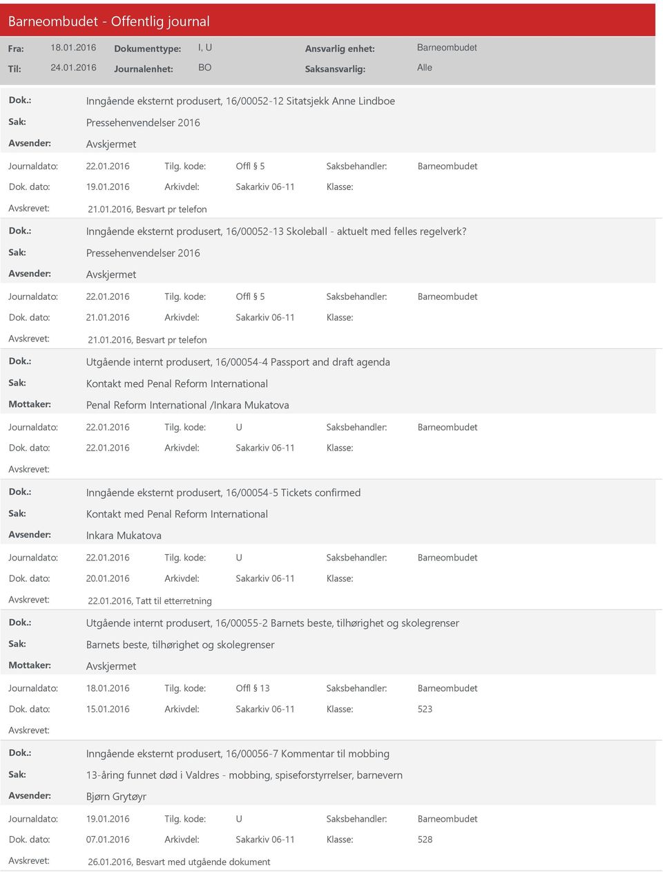 Pressehenvendelser 2016 Offl 5 Dok. dato: 21.01.2016 Arkivdel: Sakarkiv 06-11 Klasse: 21.01.2016, Besvart pr telefon tgående internt produsert, 16/00054-4 Passport and draft agenda Kontakt med Penal Reform International Penal Reform International /Inkara Mukatova Dok.