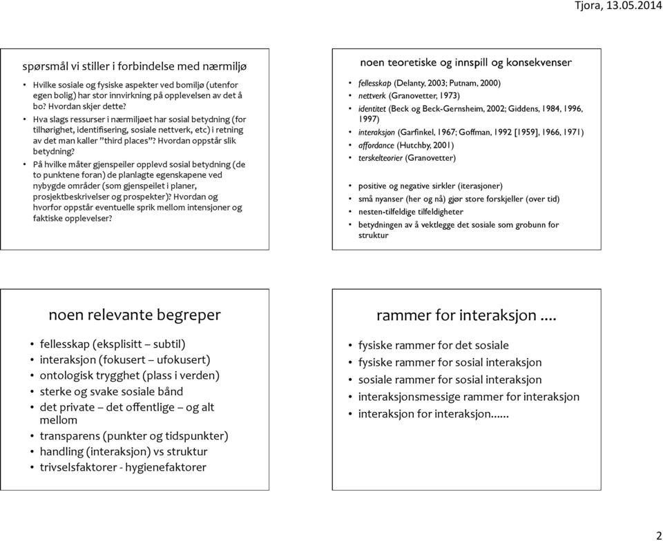 På hvilke måter gjenspeiler opplevd sosial betydning (de to punktene foran) de planlagte egenskapene ved nybygde områder (som gjenspeilet i planer, prosjektbeskrivelser og prospekter)?