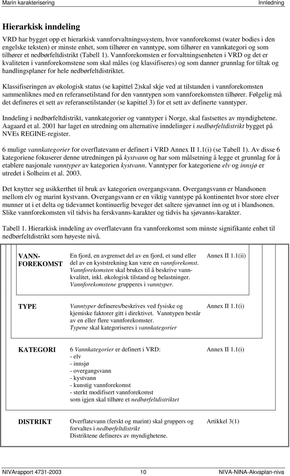 Vannforekomsten er forvaltningsenheten i VRD og det er kvaliteten i vannforekomstene som skal måles (og klassifiseres) og som danner grunnlag for tiltak og handlingsplaner for hele