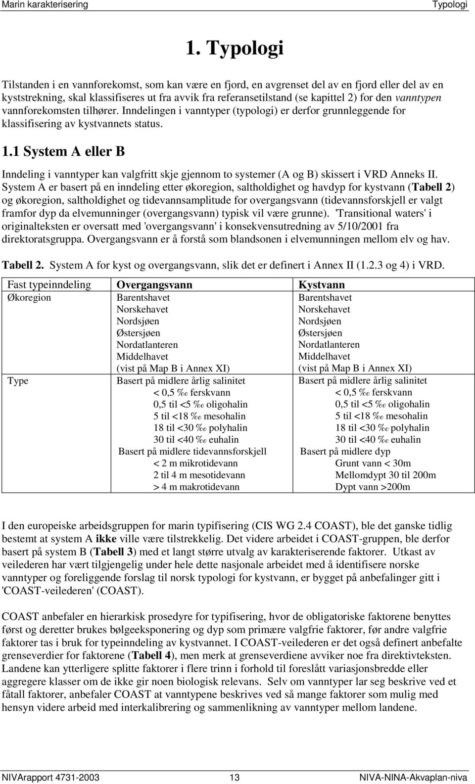 den vanntypen vannforekomsten tilhører. Inndelingen i vanntyper (typologi) er derfor grunnleggende for klassifisering av kystvannets status. 1.