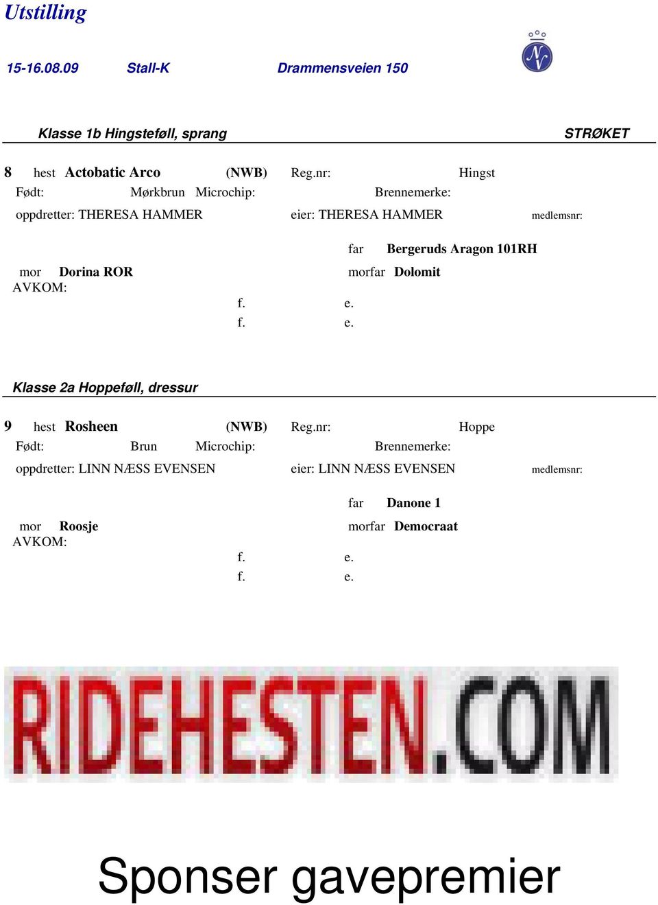 mor Dorina ROR mor Dolomit Bergeruds Aragon 101RH Klasse 2a Hoppeføll, dressur 9 hest Rosheen (NWB) Reg.