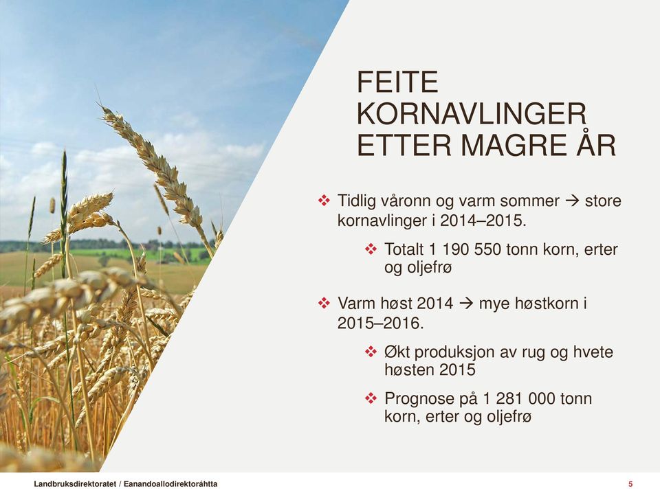 Totalt 1 190 550 tonn korn, erter og oljefrø Varm høst 2014 mye