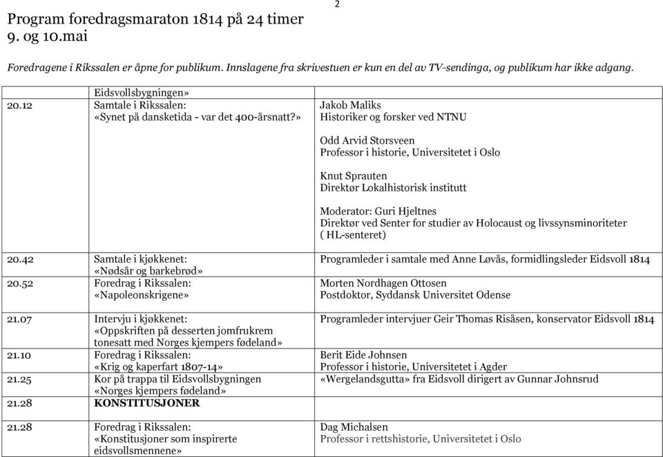 Senter for studier av Holocaust og livssynsminoriteter ( HL-senteret) 20.42 Samtale i kjøkkenet: «Nødsår og barkebrød» 20.52 Foredrag i Rikssalen: «Napoleonskrigene» 21.