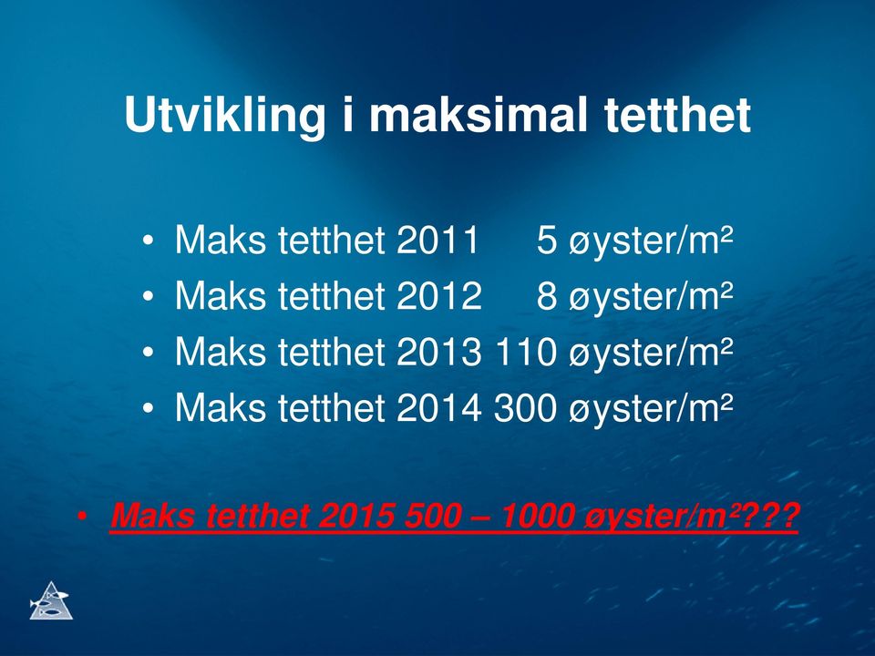 tetthet 2013 110 øyster/m² Maks tetthet 2014