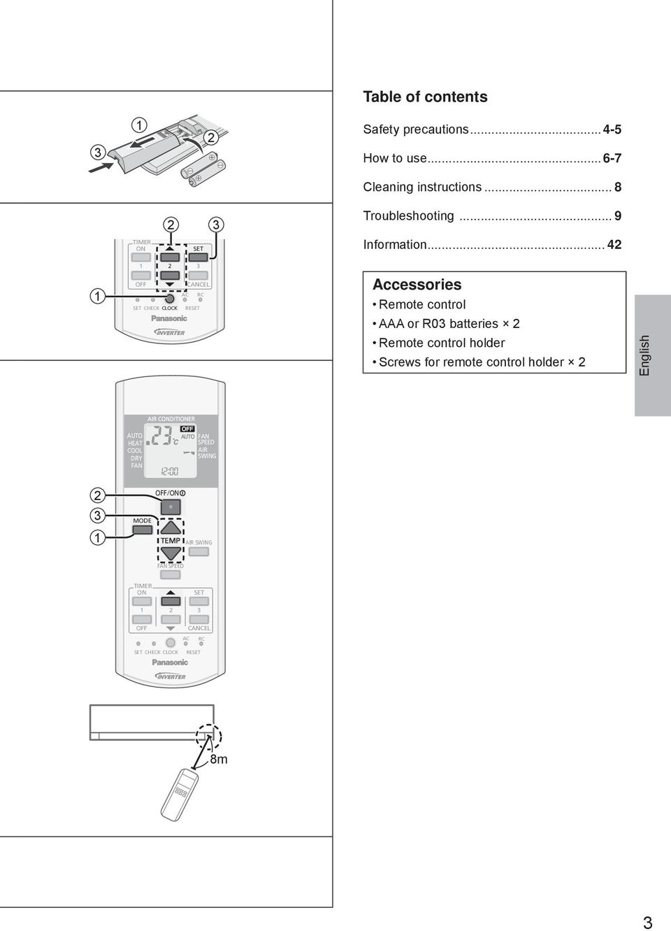 .. 4 3 AC RC CHECK CLOCK RE Accessories Remote control AAA or R03 batteries Ś Remote control