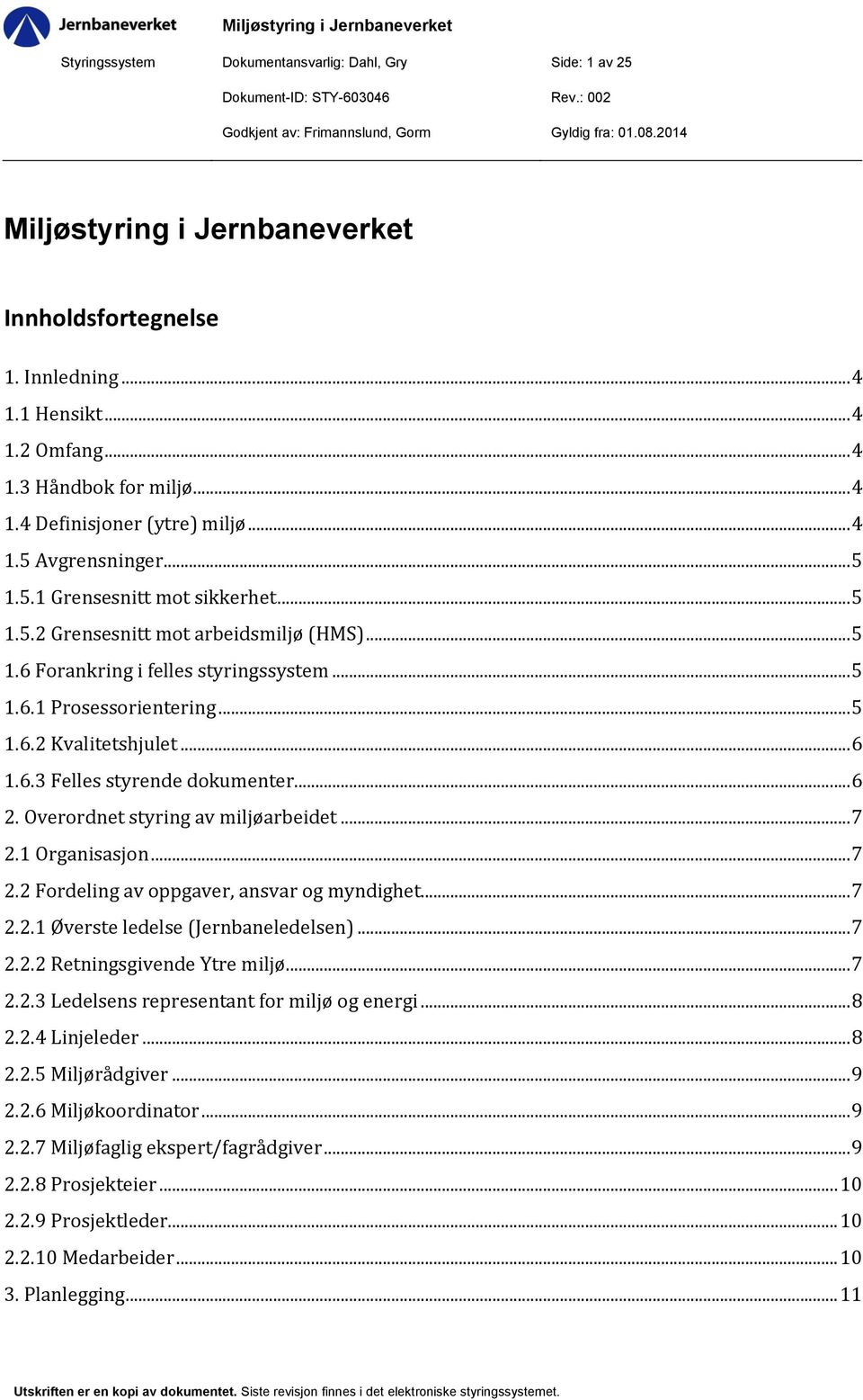 .. 6 1.6.3 Felles styrende dokumenter... 6 2. Overordnet styring av miljøarbeidet... 7 2.1 Organisasjon... 7 2.2 Fordeling av oppgaver, ansvar og myndighet... 7 2.2.1 Øverste ledelse (Jernbaneledelsen).