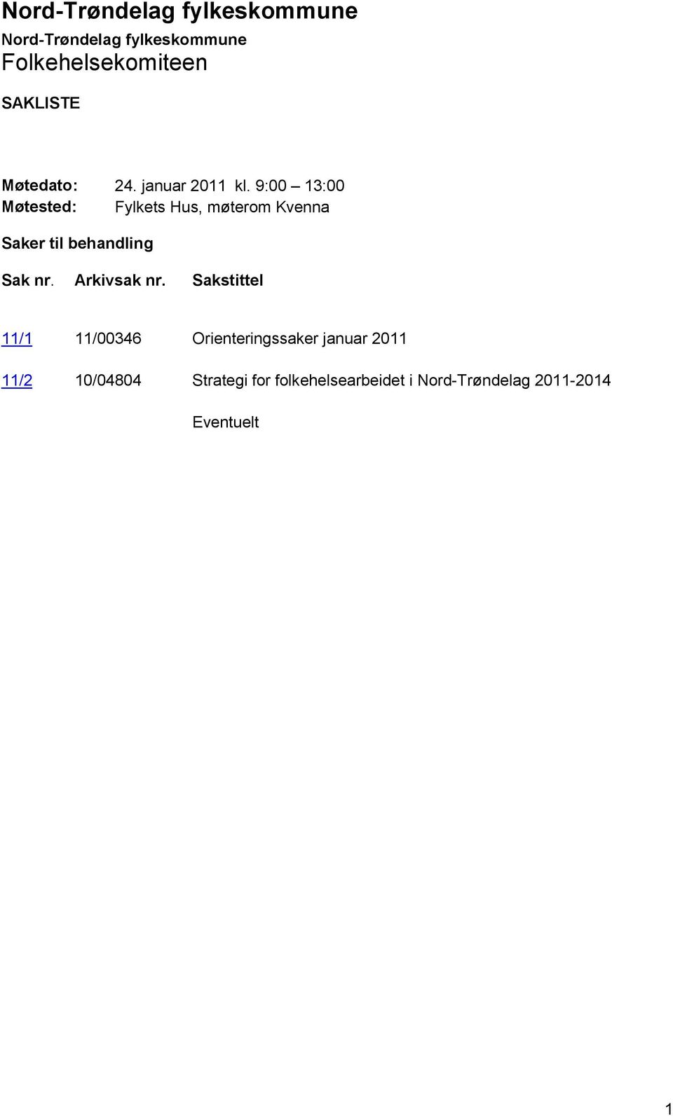 9:00 13:00 Møtested: Fylkets Hus, møterom Kvenna Saker til behandling Sak nr.