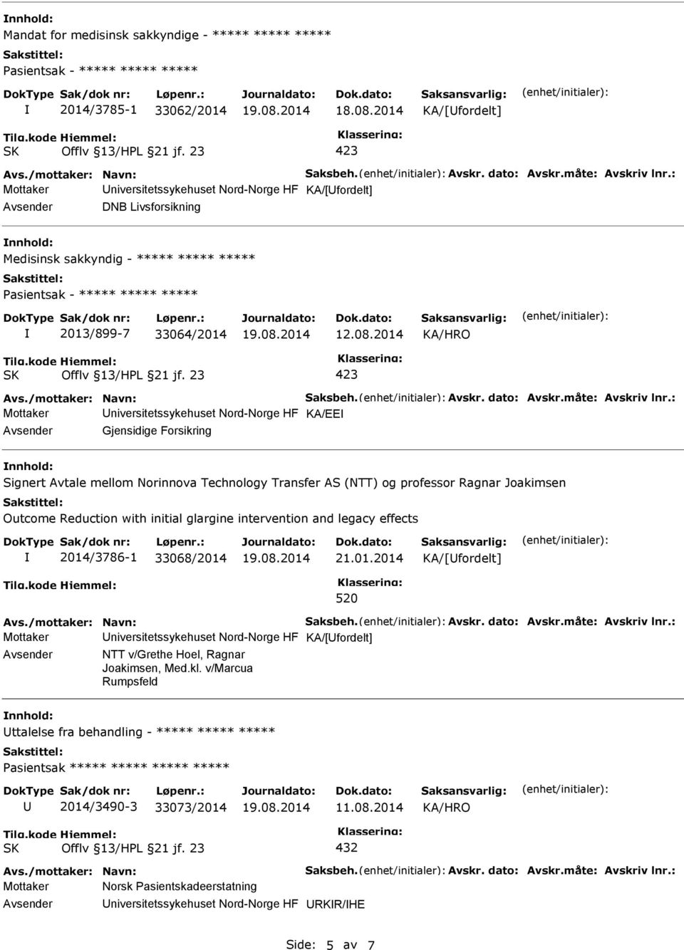 : Mottaker Universitetssykehuset Nord-Norge HF KA/EE Avsender Gjensidige Forsikring nnhold: Signert Avtale mellom Norinnova Technology Transfer AS (NTT) og professor Ragnar Joakimsen Outcome