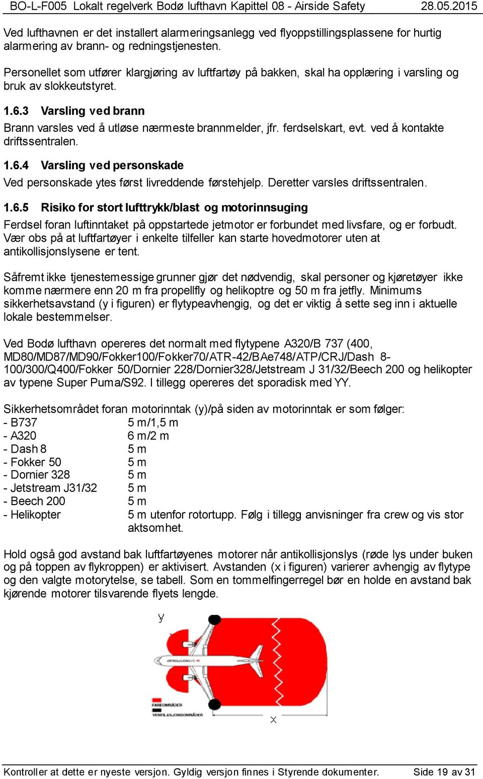 ferdselskart, evt. ved å kontakte driftssentralen. 1.6.4 Varsling ved personskade Ved personskade ytes først livreddende førstehjelp. Deretter varsles driftssentralen. 1.6.5 Risiko for stort lufttrykk/blast og motorinnsuging Ferdsel foran luftinntaket på oppstartede jetmotor er forbundet med livsfare, og er forbudt.